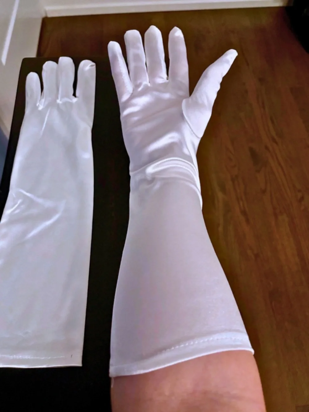 WHITE SATIN GLOVES | mid-length below elbow | Women’s Size Medium